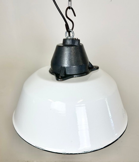 Image 1 of White Enamel and Cast Iron Industrial Pendant Light with Glass Cover, 1960s