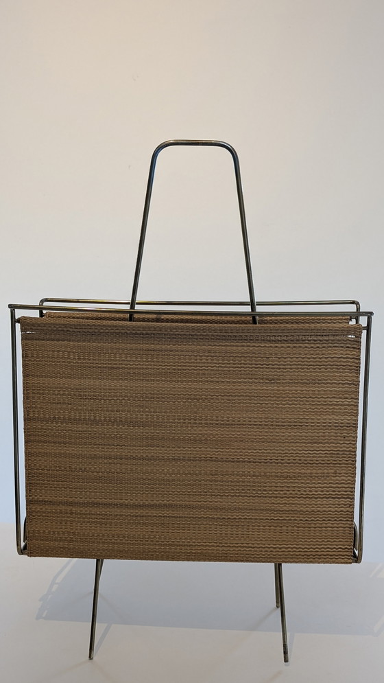 Image 1 of Swedish brass and raffia fabric magazine rack - 1960's