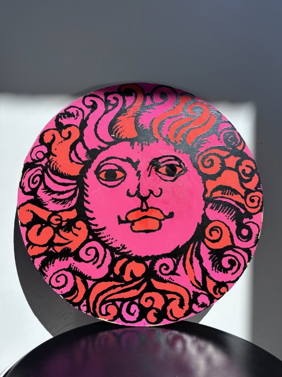 Image 1 of Rara coppia di insegne psichedeliche vintage degli anni '70 a doppia faccia raffiguranti un sole (50 cm)