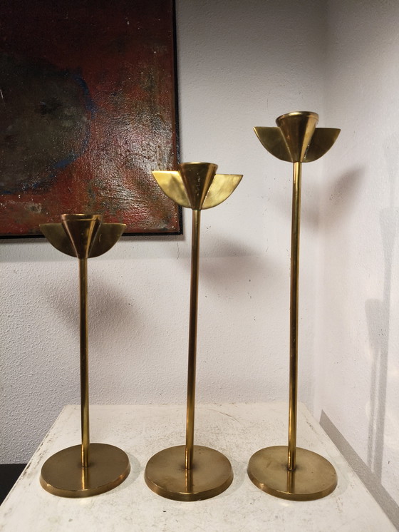 Image 1 of 2448 Vintage design eighties Memphis style brass candlesticks