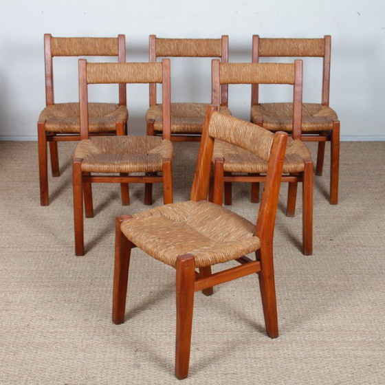 Image 1 of Set of 6 straw-seated chairs in solid elm, French work, 1950