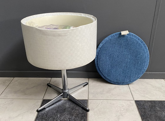 Image 1 of Sewing box on chroom foot, white skai and blue gabric 1960s