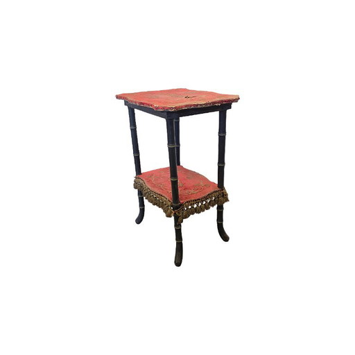 Antique Upholstered Side Table with Faux Bamboo Legs, 19th Century – bijzettafels, Wood (photo 2 of 6)