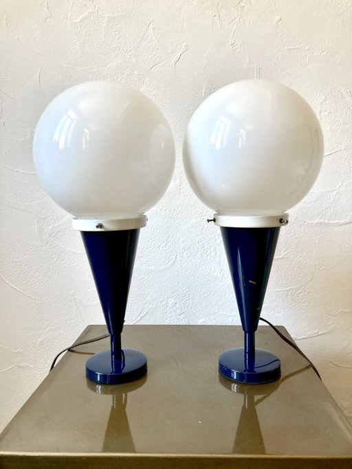 Pair of table lamps, blue metal bases and opaline globes, 1970s-80s