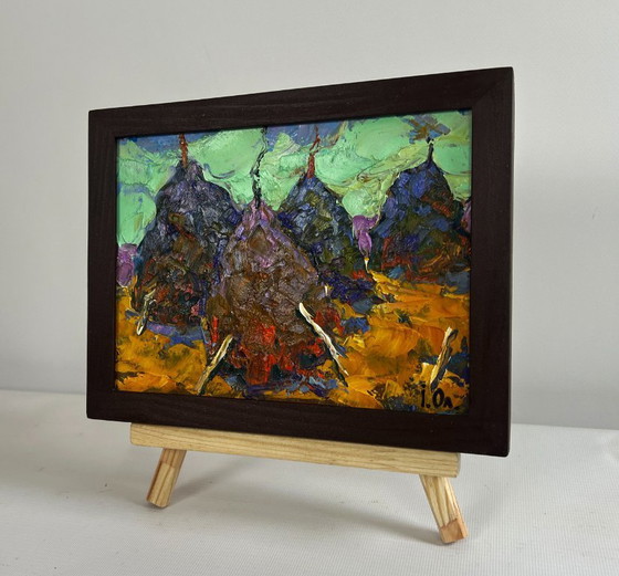 Image 1 of Original Oil Painting Summer Nature Landscape Haystacks on a golden field