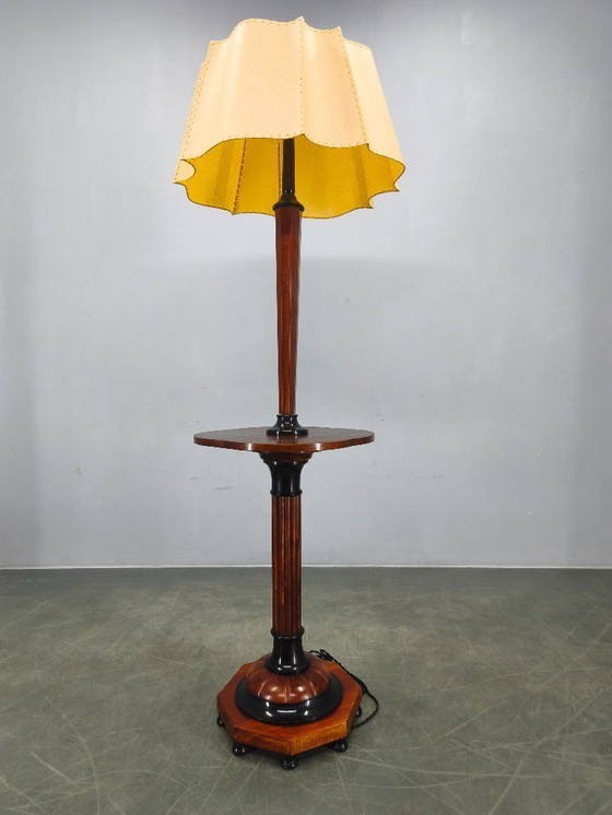 Image 1 of Lampadaire Art Déco italien avec table d'appoint, bois et métal, années 1940