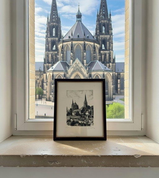 (W012) Original Radiation Friedrich Kätner – Aachen Elisenbrunnen / Elisengarten with Cathedral, framed