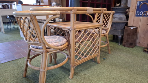Vintage Rattan Bistro Set | Table with Glass Plate + 2 Chairs | 1980s Style