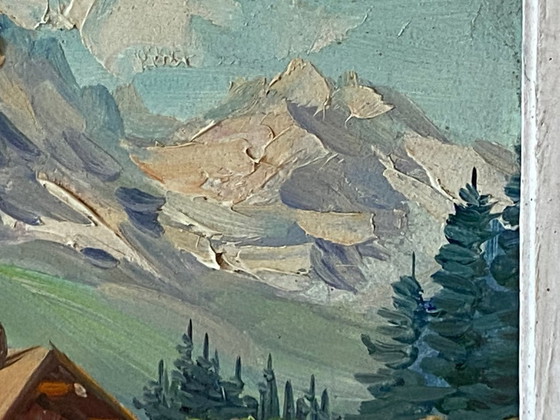 Image 1 of Dipinto ad olio d'epoca su pannello firmato CLAUDE SARGUE Paesaggio montano