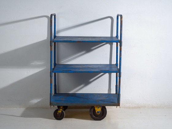 Industrial blue metal cart – Factory trolley Europe – circa 1950 #1 – Bar carts, Iron, Industrieel (photo 31 of 35)