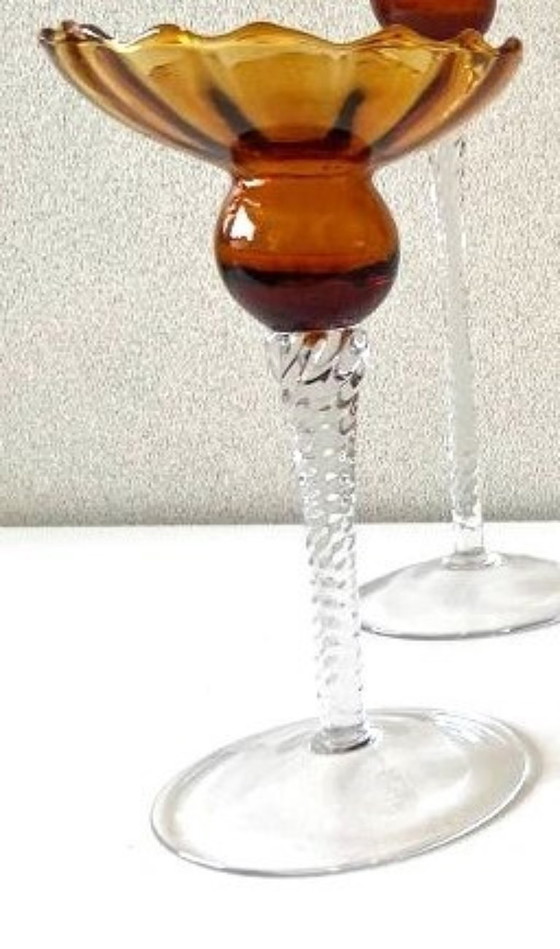 Image 1 of Élégant Quintuor Photophores Bougeoirs en Verre Cristal Art Design Empoli Italie