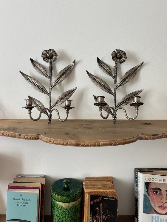 Pair of floral wall sconces, silver-colored metal, Candle holders (photo 3 of 11)