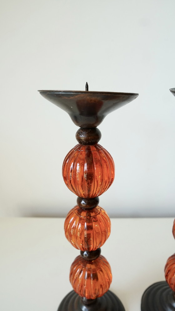 Image 1 of Pair of vintage candlesticks in metal and orange blown glass - 70s style