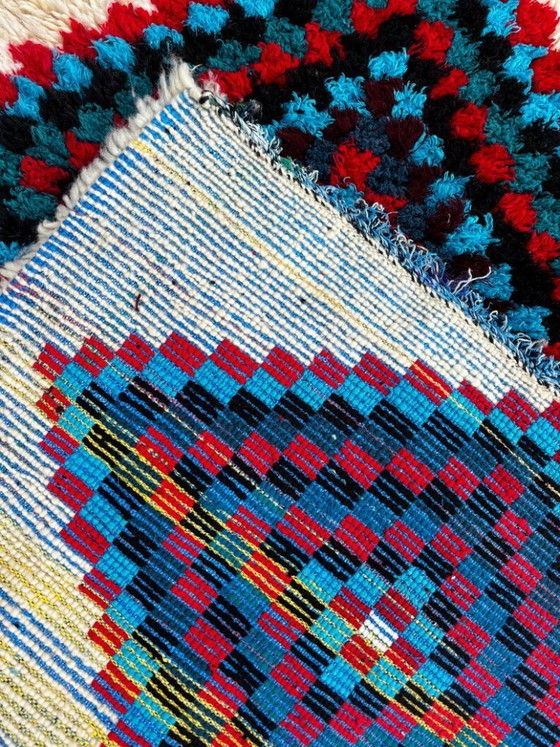 Image 1 of Vintage Beni Ouarain tapijt 90x190 cm | Marokkaans wollen tapijt | Crème Berber tapijt met kleurrijke ruiten