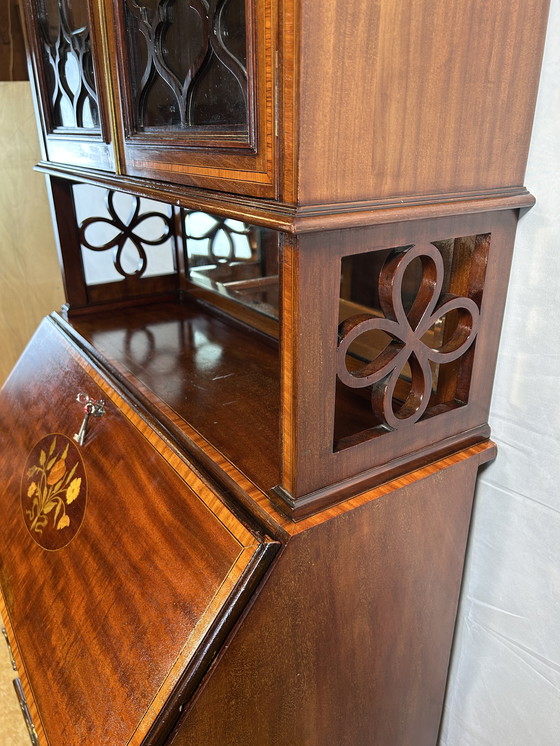 Image 1 of Antiek Edwardiaans Bureau met Ingelegd Bloemendetail - Begin 20e Eeuw Elegantie tijdloos raffinement met