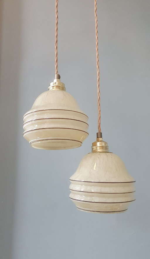 Set of 2 Vintage Art Deco pendant lamps - amber-colored glass