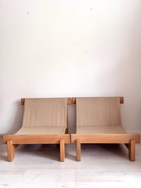 Vintage brutalist fauteuils sling chairs jaren 70, Canvas, Hout, Beige (foto 7 van 7)