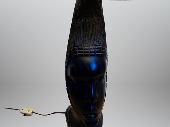 Image 1 of Table lamp base made of African hardwood with a carved African woman