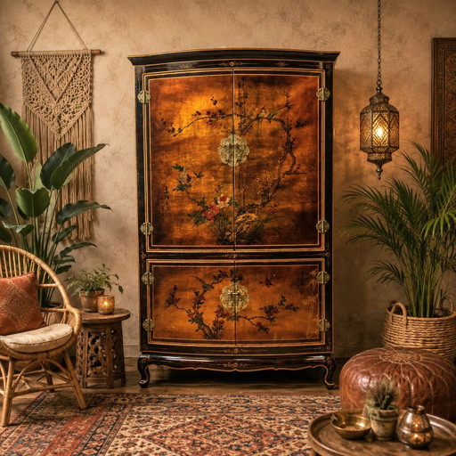Vintage Chinese cabinet with gold leaf flowers and birds / bohemian cabinet / oriental cabinet – opbergkast, Wood