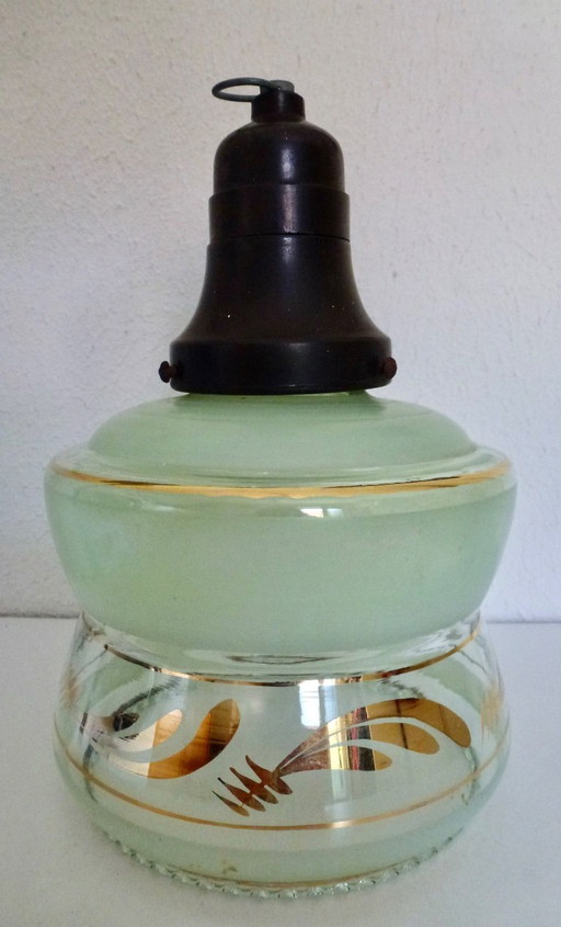 Art Deco ceiling lamp, glass pendant lamp, 1930s, light green glass pendant lamp with gold stripe, pagoda shade.