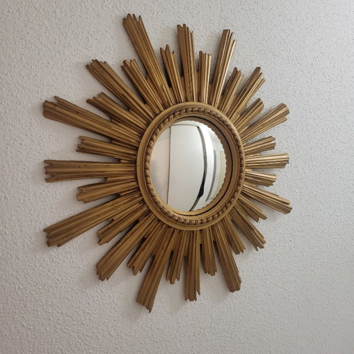 Grote spiegel met zonnestralenmotief, gouden heksenoog, vintage