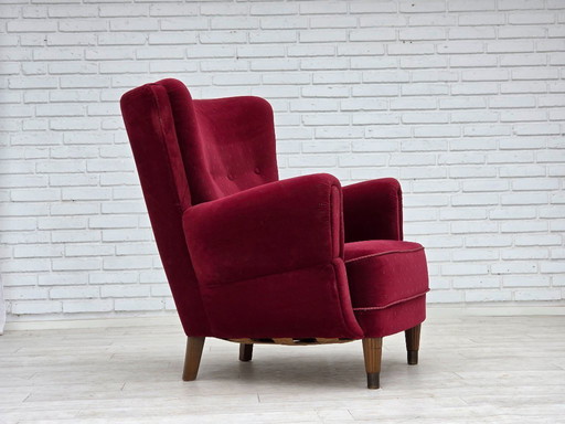 1960s, Danish armchair, cherry-red furniture velour, beech wood legs, reupholstered.