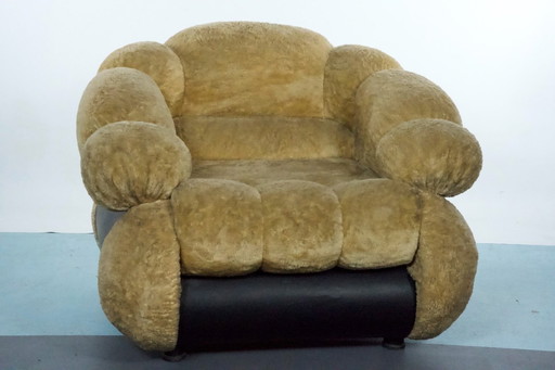 Space Age Single Armchair by Adriano Piazzesi, Cream Teddy Bear & Leatherette, 1970s Italy