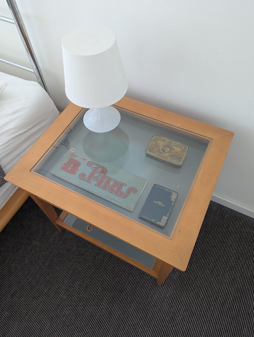 2x Bedside tables beech veneer/milk glass (Mobilia)