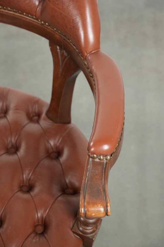 Image 1 of 2 x Swivel English Style Cowhide Leather Chesterfield Office Chairs in a Beautiful Brown Color