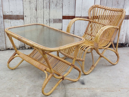 Vintage-Sessel und Tisch aus Rattan von Rohe Noordwolde, 1960er Jahre