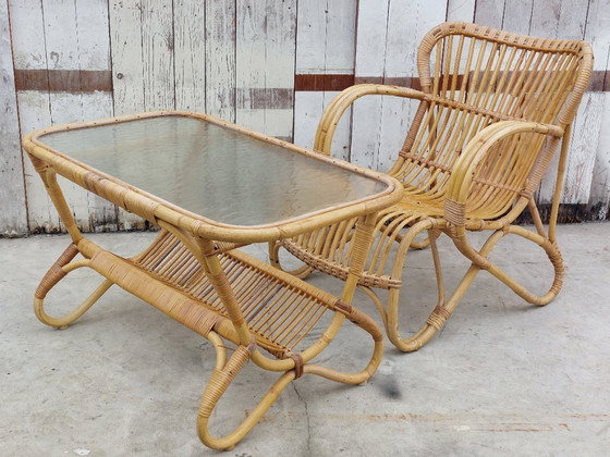 Image 1 of Set of vintage armchair and table in rattan by Rohe Noordwolde, 1960s