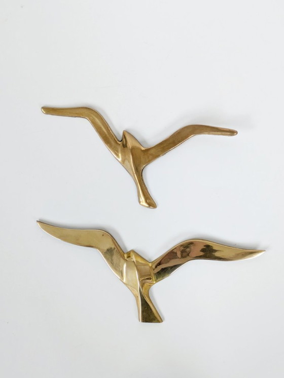 Image 1 of 2 uccelli volanti in ottone di metà secolo: arte murale scultorea minimalista degli anni '60