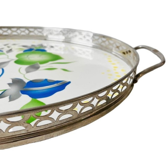 Image 1 of Plateau Artdeco porcelaine et métal fleurs graphiques