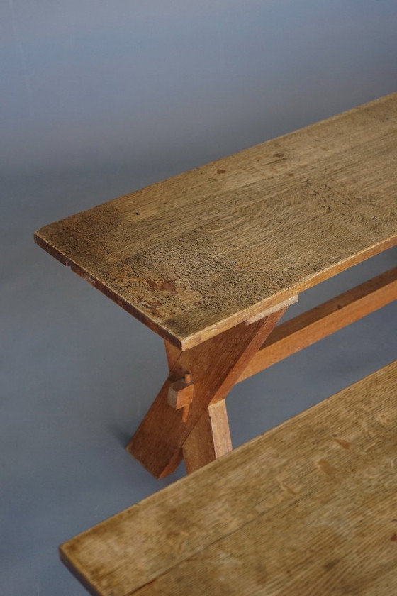 Image 1 of Rustieke boerenbanken met X-vormig frame van kersen- en eikenhout, jaren 1940.