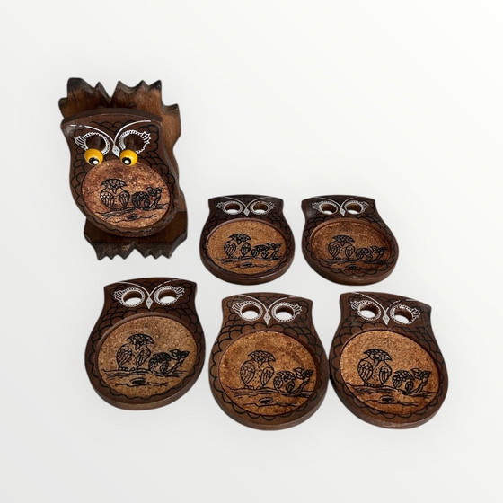 Image 1 of 6x Vintage Jaren 70 Onderzetters Uil - Bohemian Folk Art