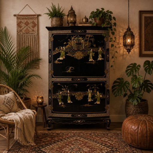 Vintage Chinese black lacquer cabinet (soapstone, mother-of-pearl) bohemian / oriental cabinet ^ bridal cabinet (traditional