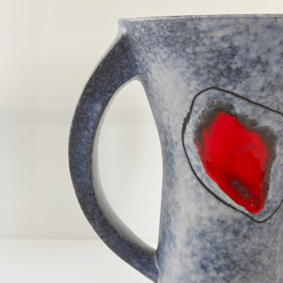 Image 1 of IMPORTANT VINTAGE 1950 VASE WITH 2 HANDLES, RED & YELLOW CERAMIC, 50S ROCKABILLY