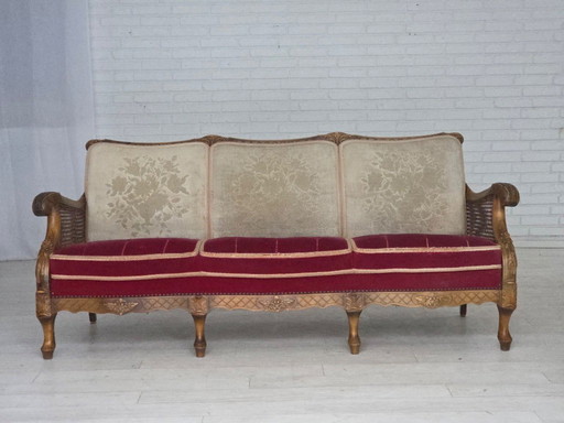 Canapé 3 places danois des années 1930, velours rouge, tissu d'ameublement en maille.