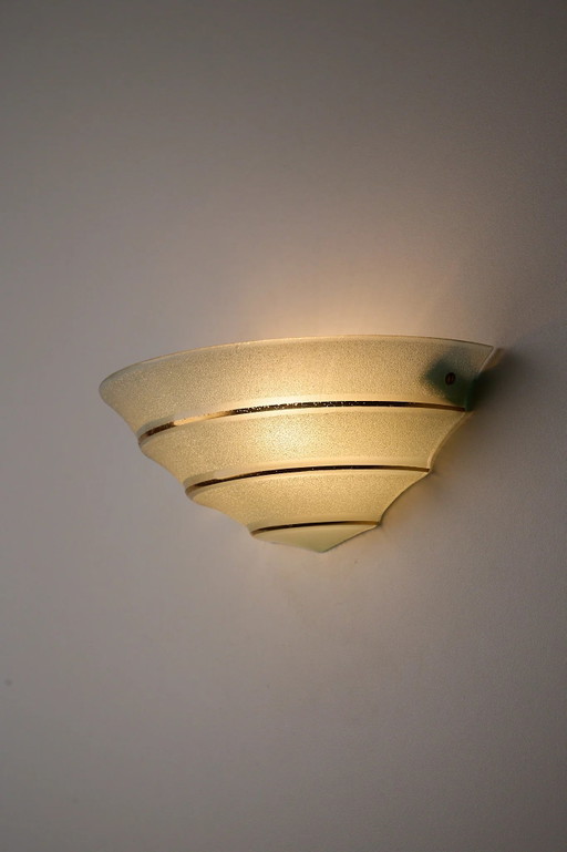 Mid-Century Blue Glass Shell Wall Sconce with Gold Stripes