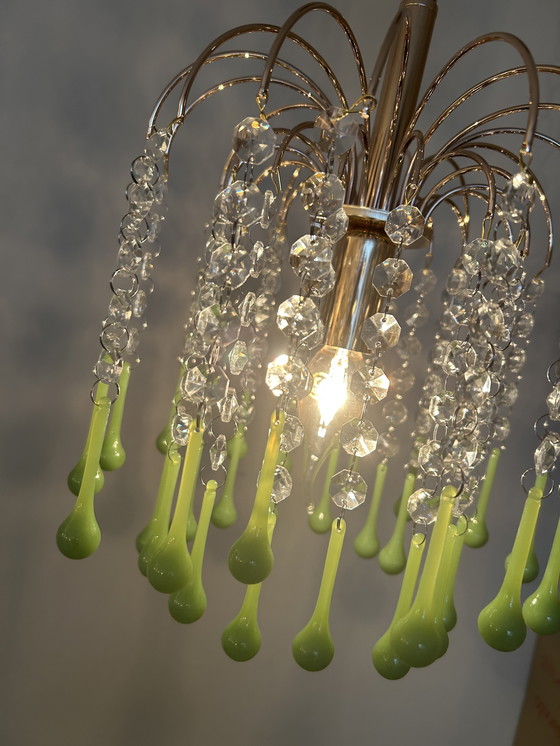 Image 1 of 5 Pieces Vintage Opaline Green Crystal Teardrop Chandeliers