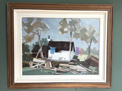 Peinture naïve moderniste « Jour de lessive », huile sur panneau d'Eskil Skans