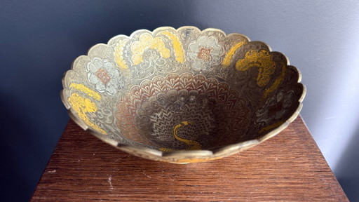 Splendida ciotola vintage in ottone con motivo pavone – schalen, Metal, Brass