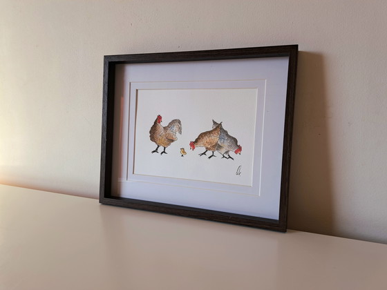 Image 1 of Acquerello raffigurante galline con pulcino | Originale incorniciato