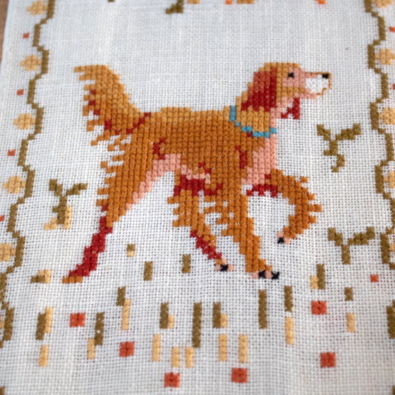 Image 1 of Vintage Bell Pull Embroidery with Autumn Hunting Theme