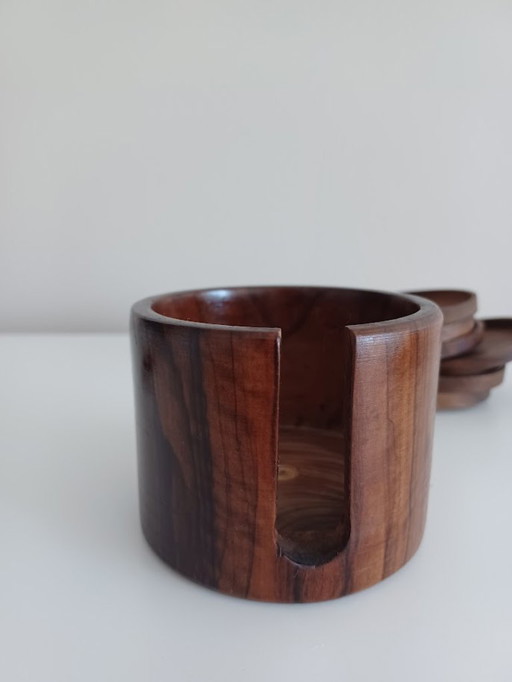 Ensemble vintage. Design danois. Sous-verres en bois (6) et tire-bouchon.
