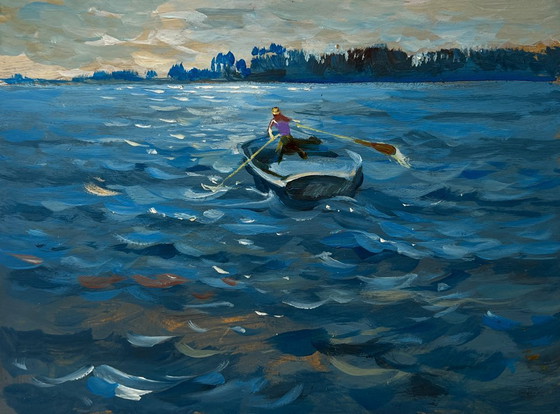 Image 1 of Origineel olieverfschilderij: Avondlandschap aan de rivier. 's Avonds in een boot.