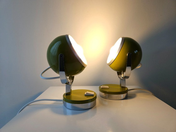 Image 1 of Set of 2 olive green vintage space age eyeball table lamps, metal green and chrome mid-century modern lamp