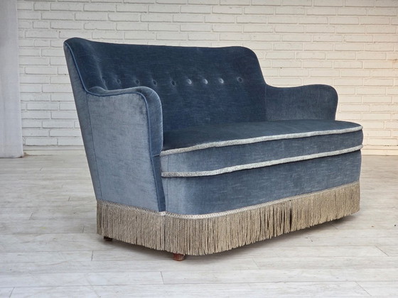 1970s, Danish 2-seater sofa, furniture velour, beech wood., 2 seaters, Velvet, Blue (photo 21 of 21)