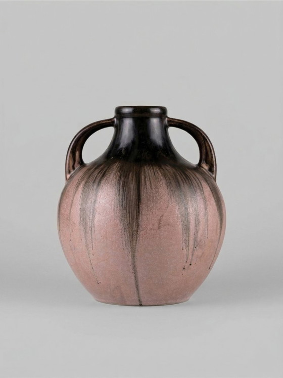 Image 1 of Stoneware vase signed Méténier, double handle, pink and black flamed glaze – 22 cm
