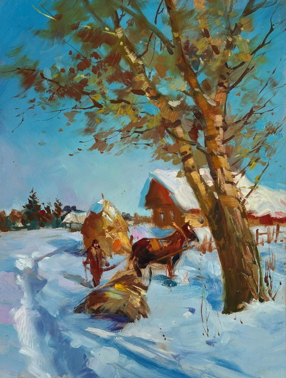 Image 1 of Original Oil Painting Winter Village Landscape Loading hay in winter